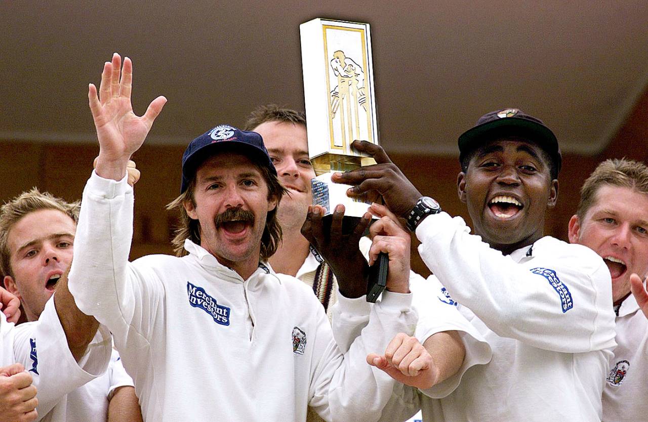 Jack Russell and Mark Alleyne hold the 2001 Natwest Trophy after beating Somerset at Lord's&nbsp;&nbsp;&bull;&nbsp;&nbsp;PA Photos