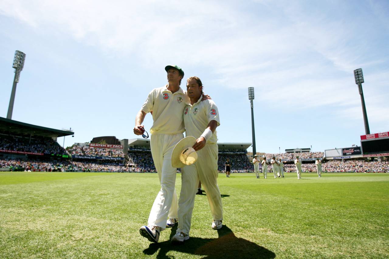 Shane Warne and Glenn McGrath walk off the field, Australia v England, 5th Test, Sydney, January 5, 2007