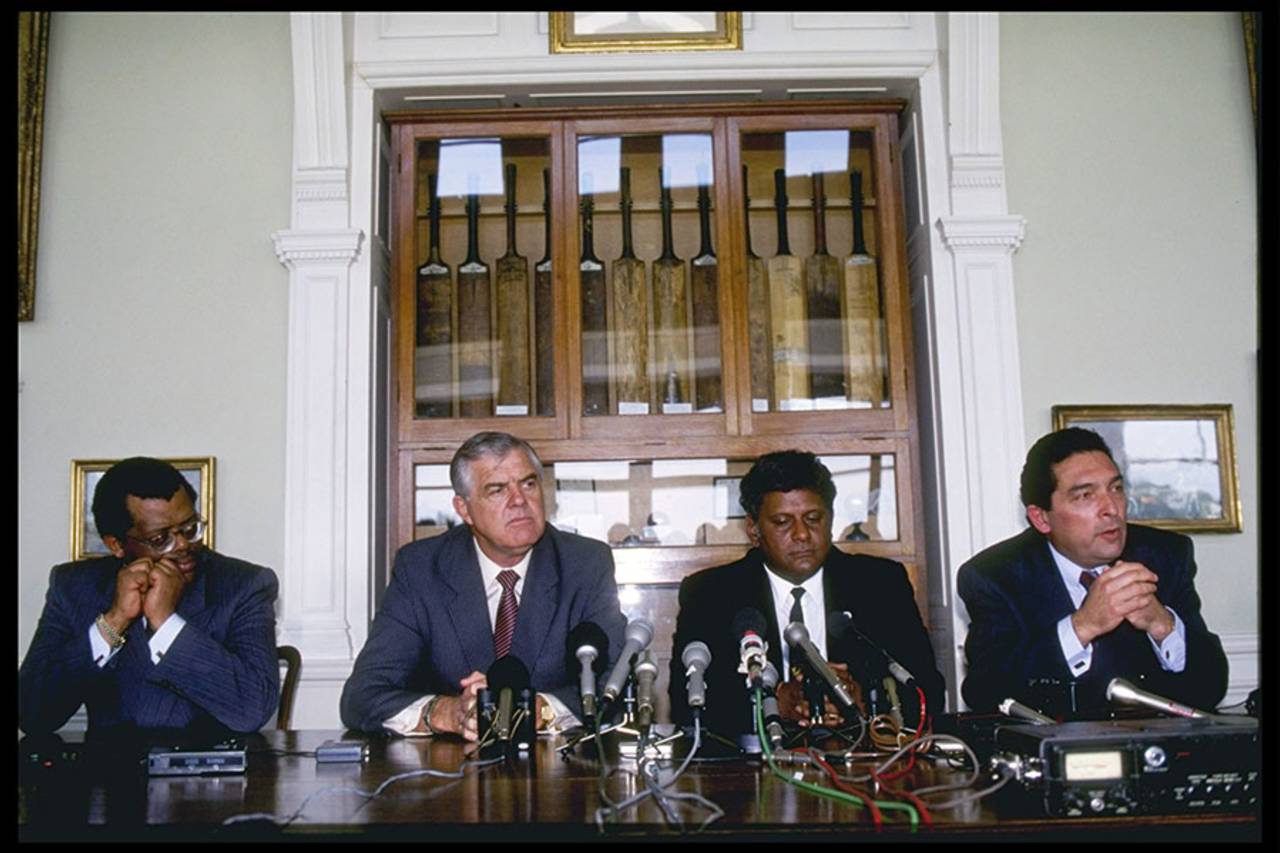 Steve Tshwete, Geoff Dakin, Krish Mackerdhuj and Ali Bacher at the ICC meeting at Lord's that allowed South Africa back into international cricket, London, July 10, 1991