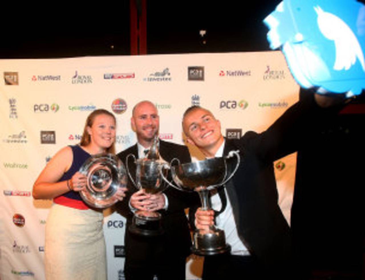 Anya Shrubsole, Chris Rushworth and Tom Curran celebrate their success at the PCA awards function, London, September 29, 2015