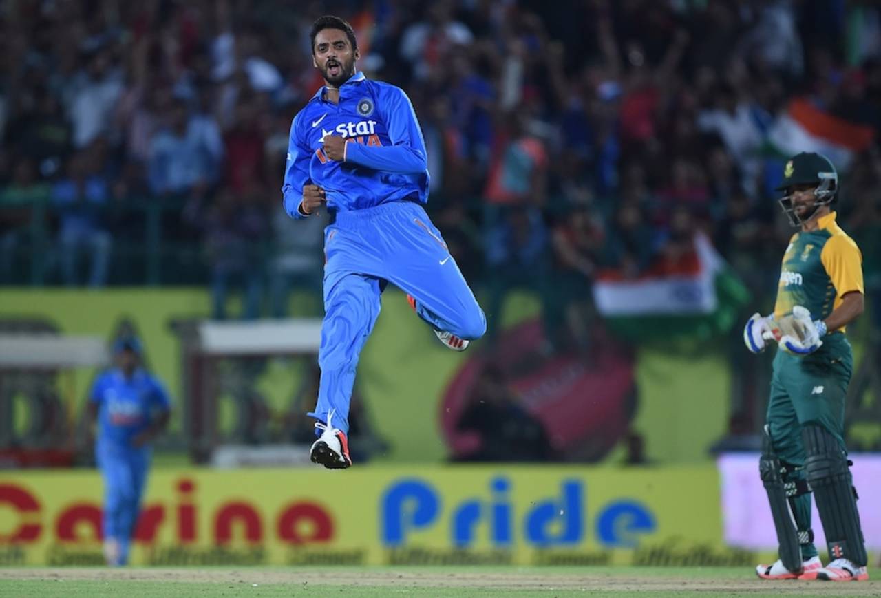 S Aravind leaps after his maiden international wicket, India v South Africa, 1st T20, Dharamsala, October 2, 2015