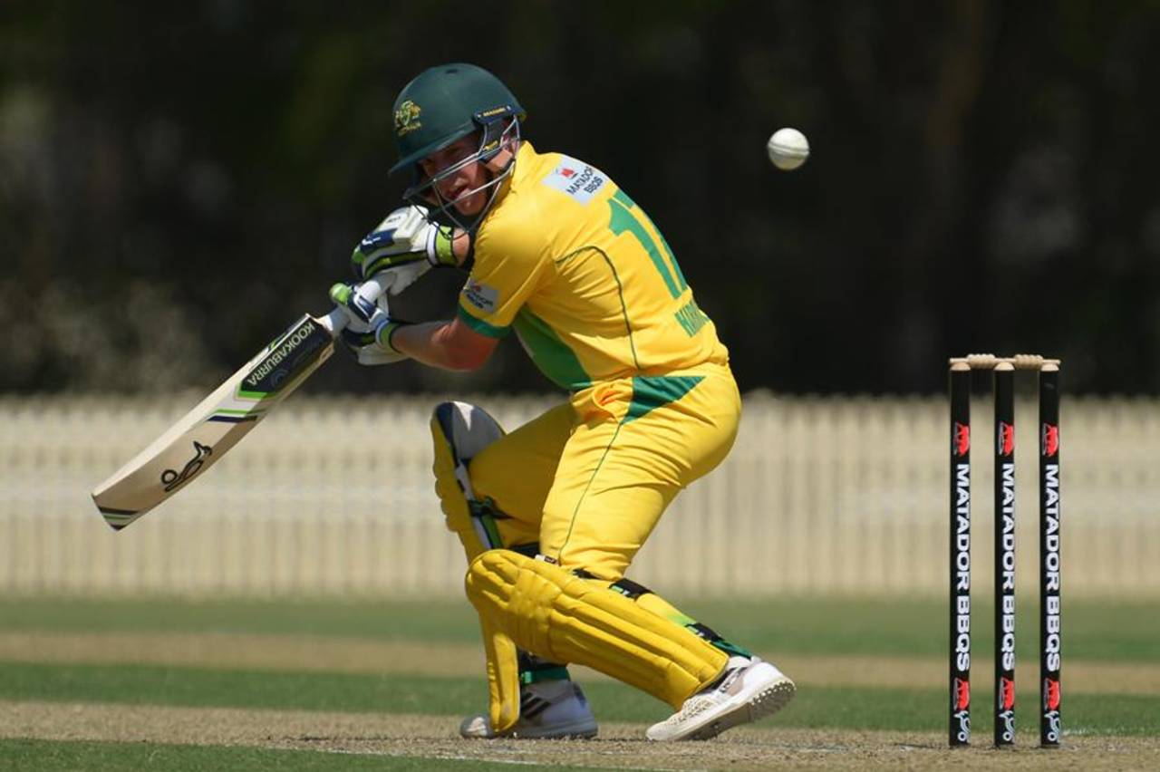 Marcus Harris steers one to the off side during his 84, Cricket Australia XI v Tasmania, Matador Cup, Sydney, October 10, 2015