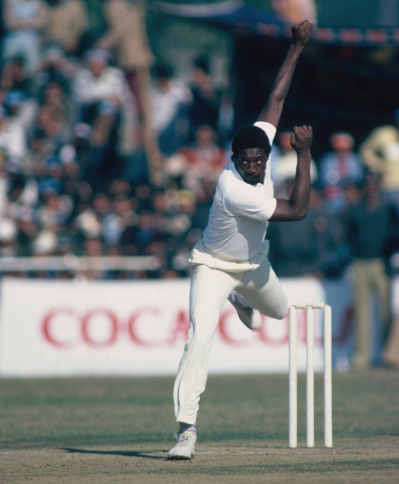 Sylvester Clarke bowls, Pakistan v West Indies, second Test, Faisalabad, December 12, 1980 