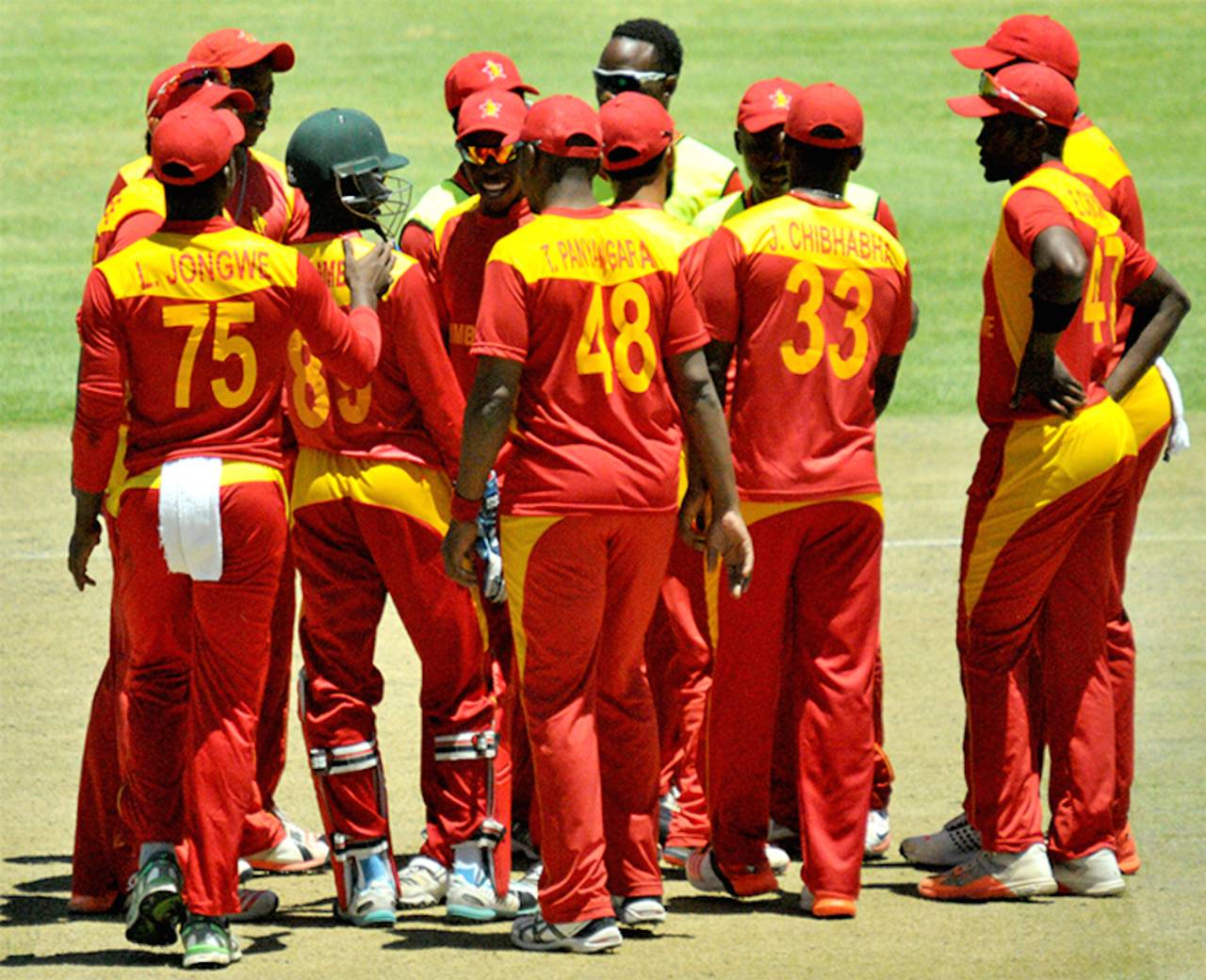 The Zimbabwe team celebrates a wicket, Zimbabwe v Afghanistan, 3rd ODI, Bulawayo, October 20, 2015