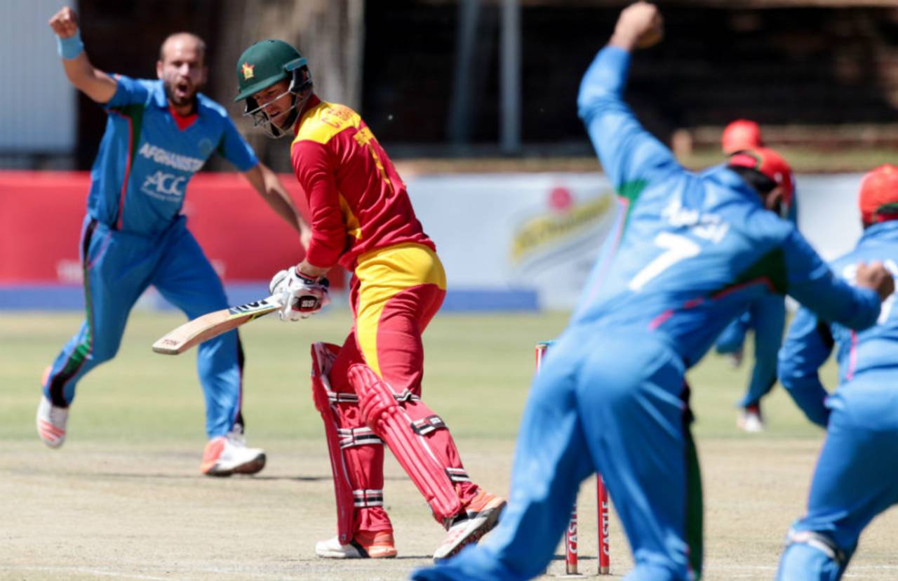 Craig Ervine looks on as he is dismissed by Mirwais Ashraf, Zimbabwe v Afghanistan, 5th ODI, Bulawayo, October 24, 2015
