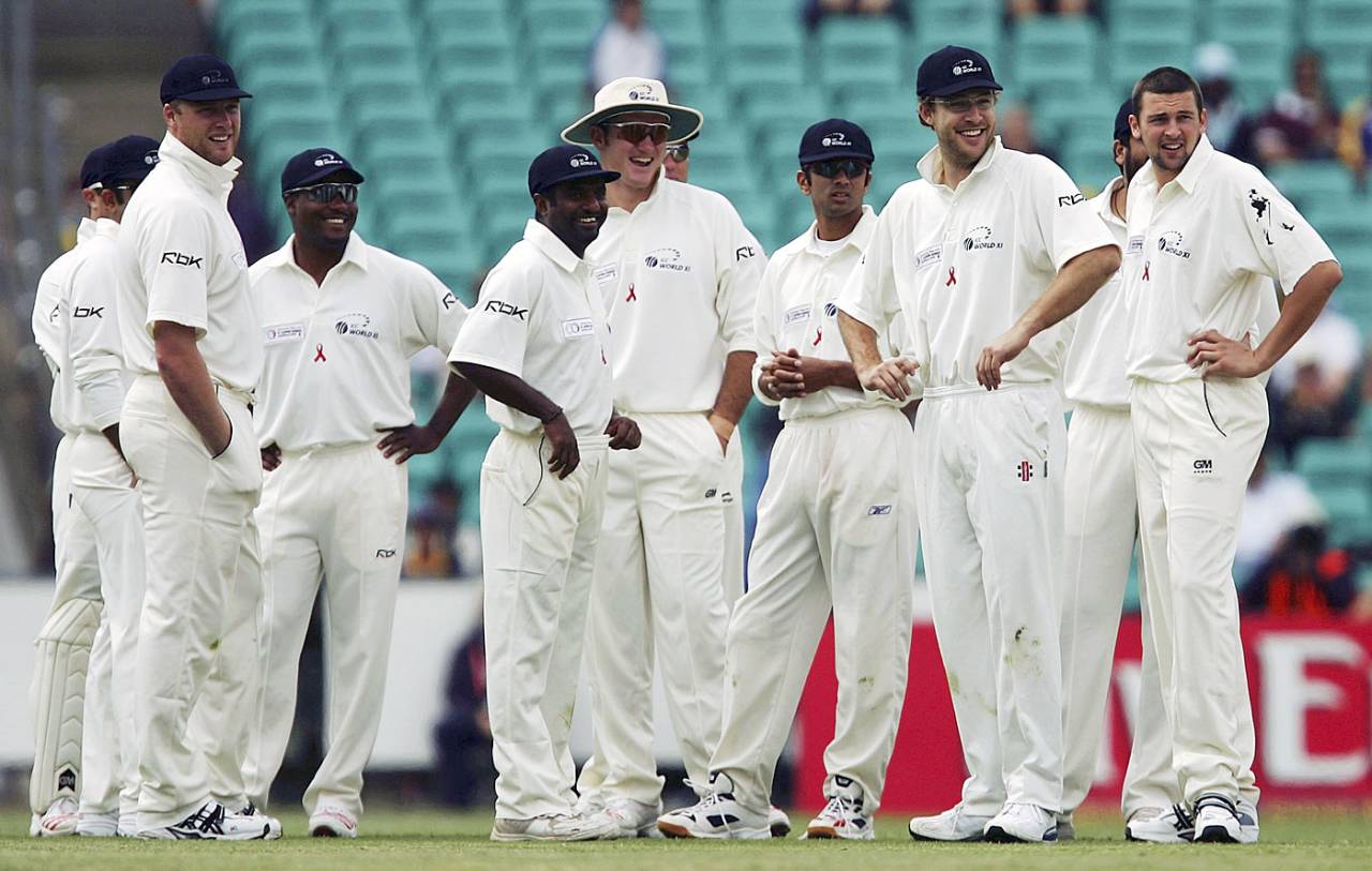 The ICC World XI players await the third-umpire's decision, Australia v World XI, Super Test, Sydney, 1st day, October 14, 2005
