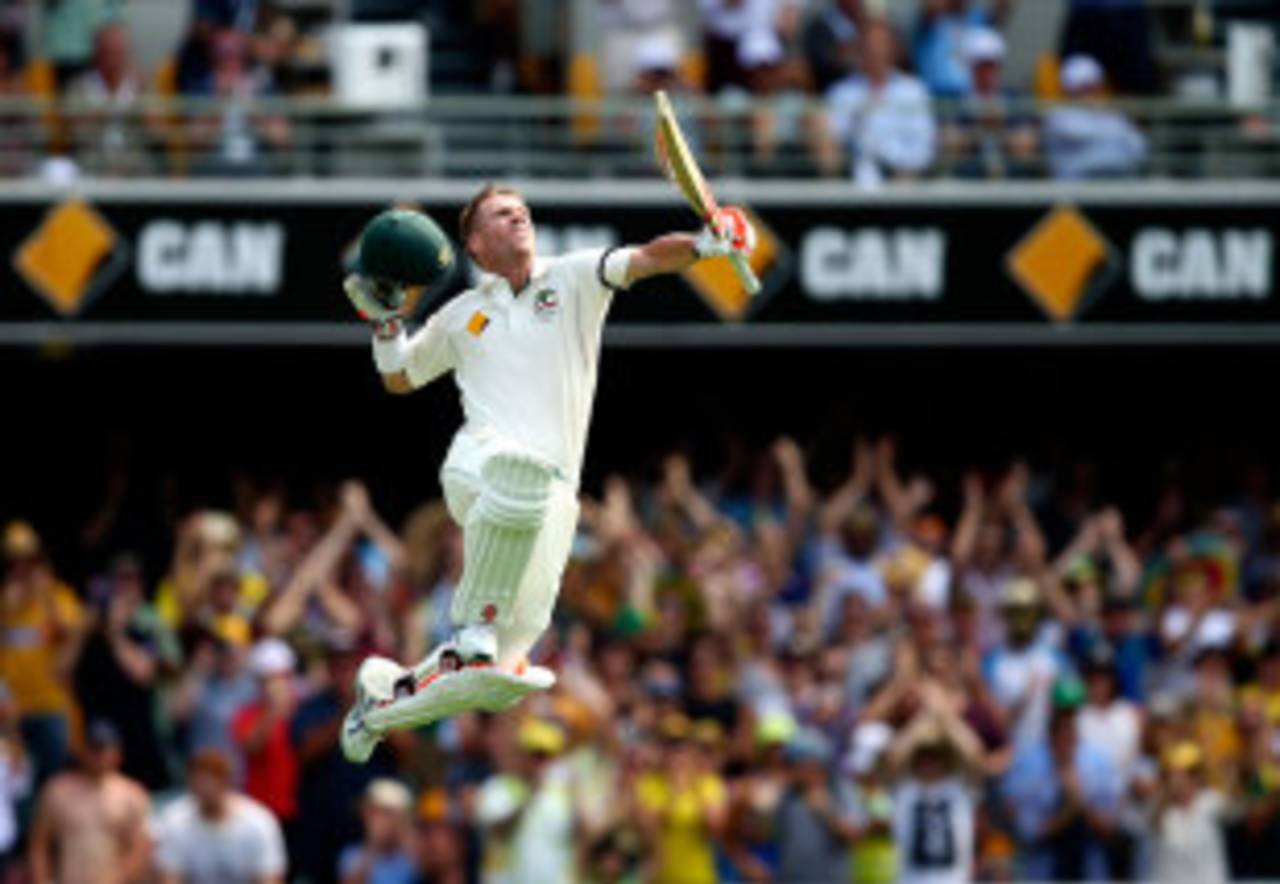 David Warner executes a trademark leap after getting to a hundred&nbsp;&nbsp;&bull;&nbsp;&nbsp;Cricket Australia/Getty Images