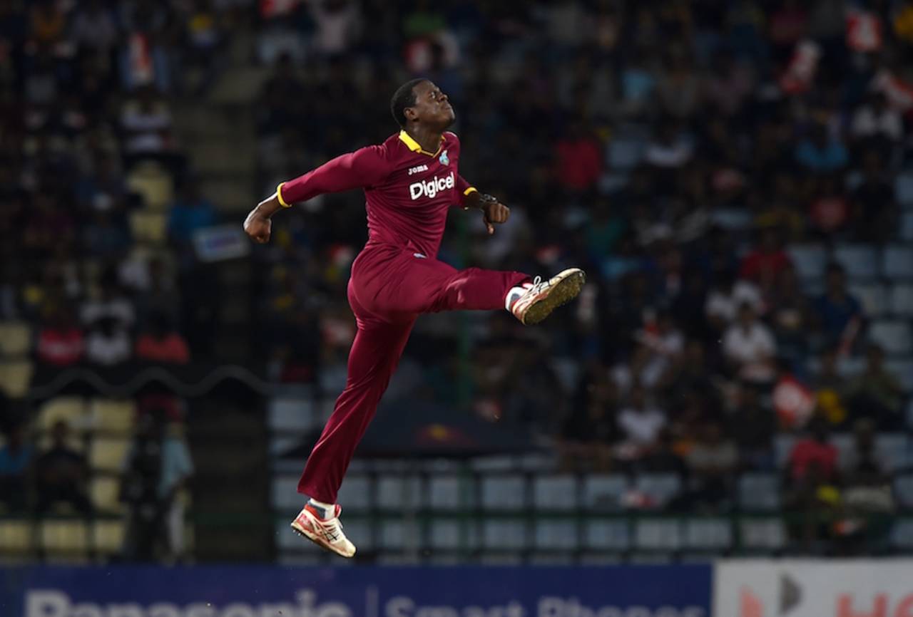 Carlos Brathwaite leaps with joy after dismissing Tillakaratne Dilshan for 21, Sri Lanka v West Indies, 3rd ODI, Pallekele, November 7, 2015