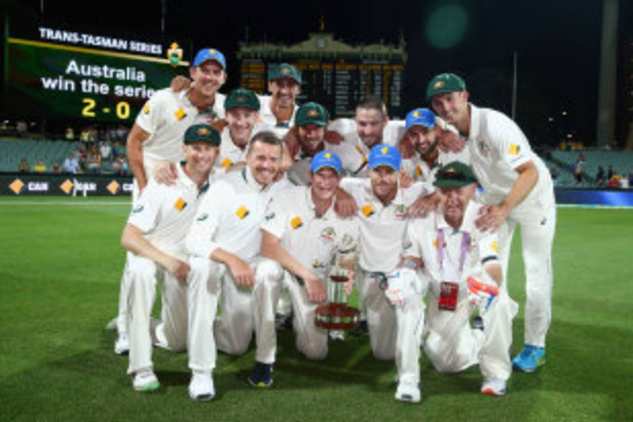 The Australian players pose with the series trophy&nbsp;&nbsp;&bull;&nbsp;&nbsp;Getty Images