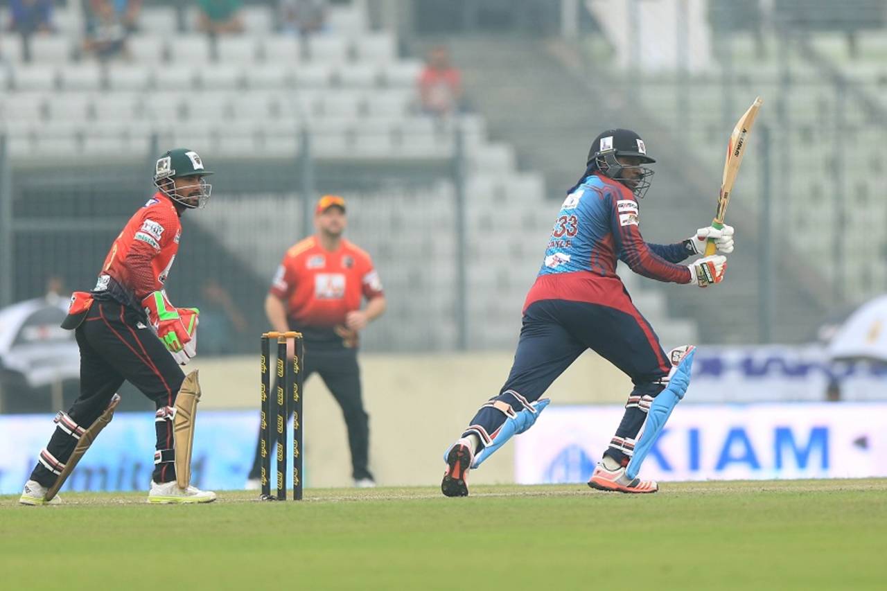 Chris Gayle targets the leg side, Comilla Victorians v Barisal Bulls, BPL 2015-16, Mirpur, December 7, 2015