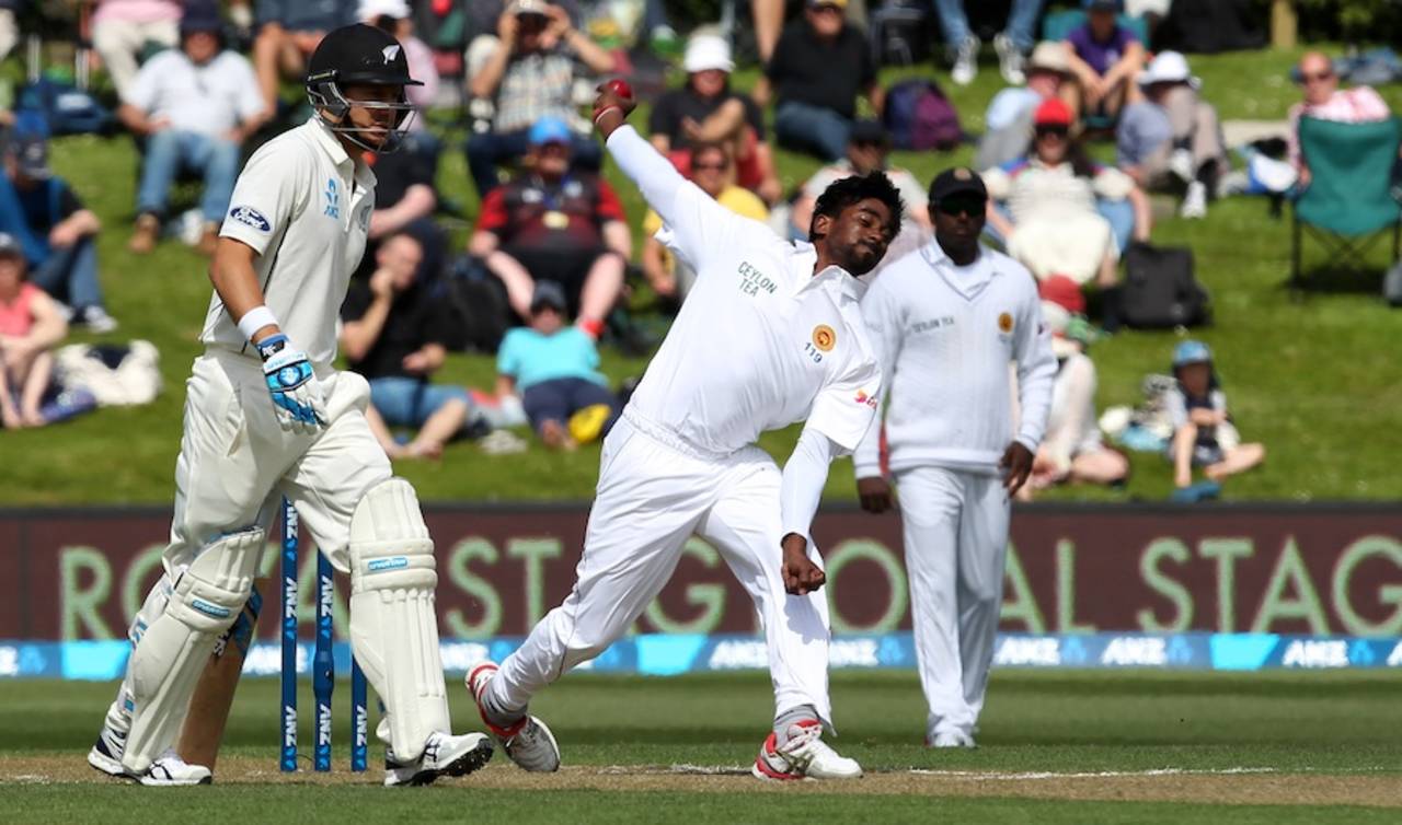 Nuwan Pradeep dismissed New Zealand's last two batsmen early on day two, ending the innings with returns of 4 for 112. Doug Bracewell was the last man to fall, for 47, as New Zealand were all out for 431&nbsp;&nbsp;&bull;&nbsp;&nbsp;Getty Images