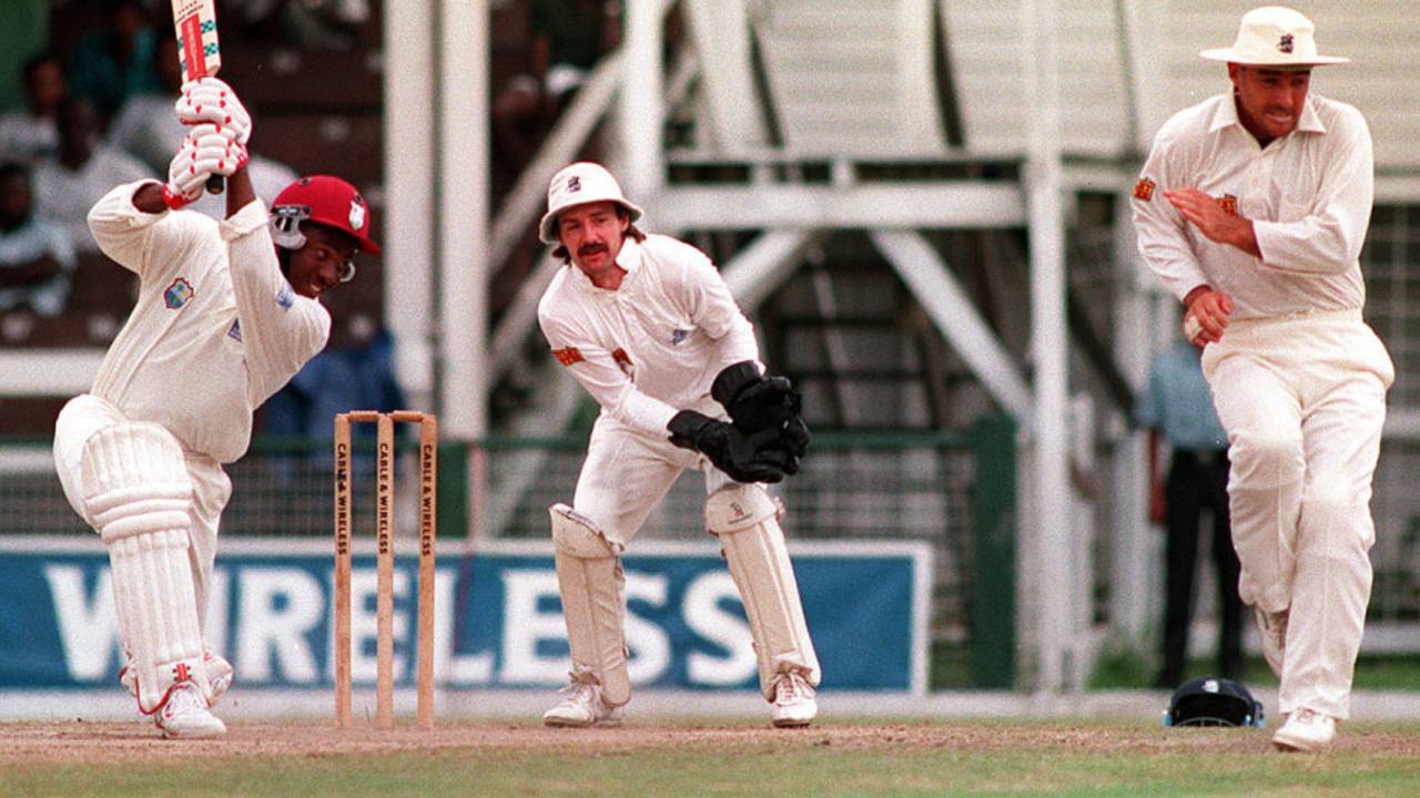 Brian Lara drives during his 375, the first of his two world records against England at the ARG
