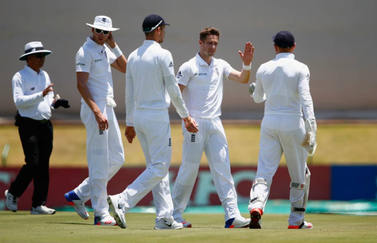 Chris Woakes dismissed Simon Khomari for 20, SA Invitational XI v England XI, Potchefstroom, 2nd day, December 16, 2015
