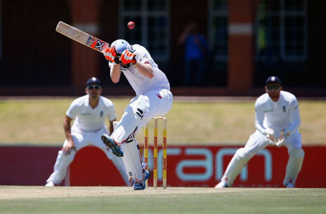 Heinrich Klaasen ducks a bouncer during his innings of 48, SA Invitational XI v England XI, Potchefstroom, 2nd day, December 16, 2015
