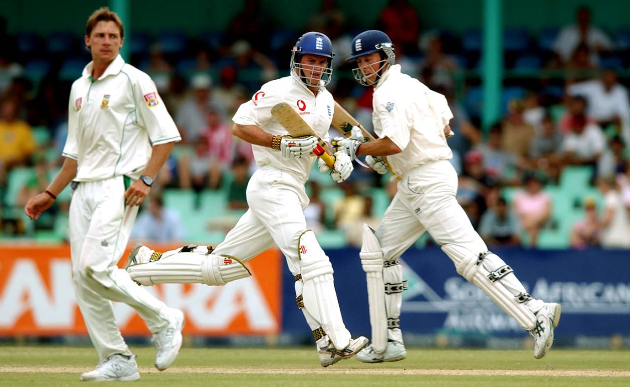 Dale Steyn looks on while Andrew Strauss and Marcus Trescothick take a run, South Africa v England, 2nd Test, Durban, 3rd day, December 28 2004