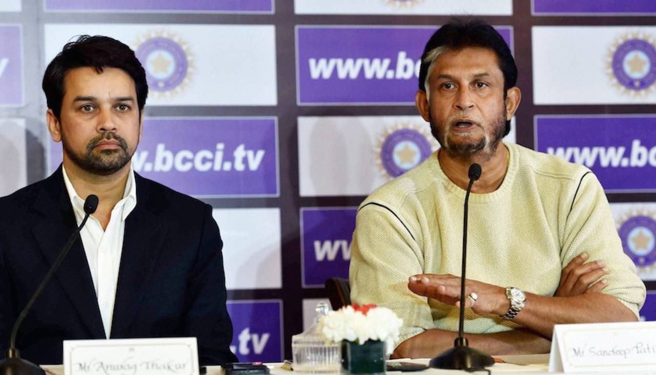 Anurag Thakur and Sandeep Patil address the press after the selection meeting, Delhi, December 19, 2015
