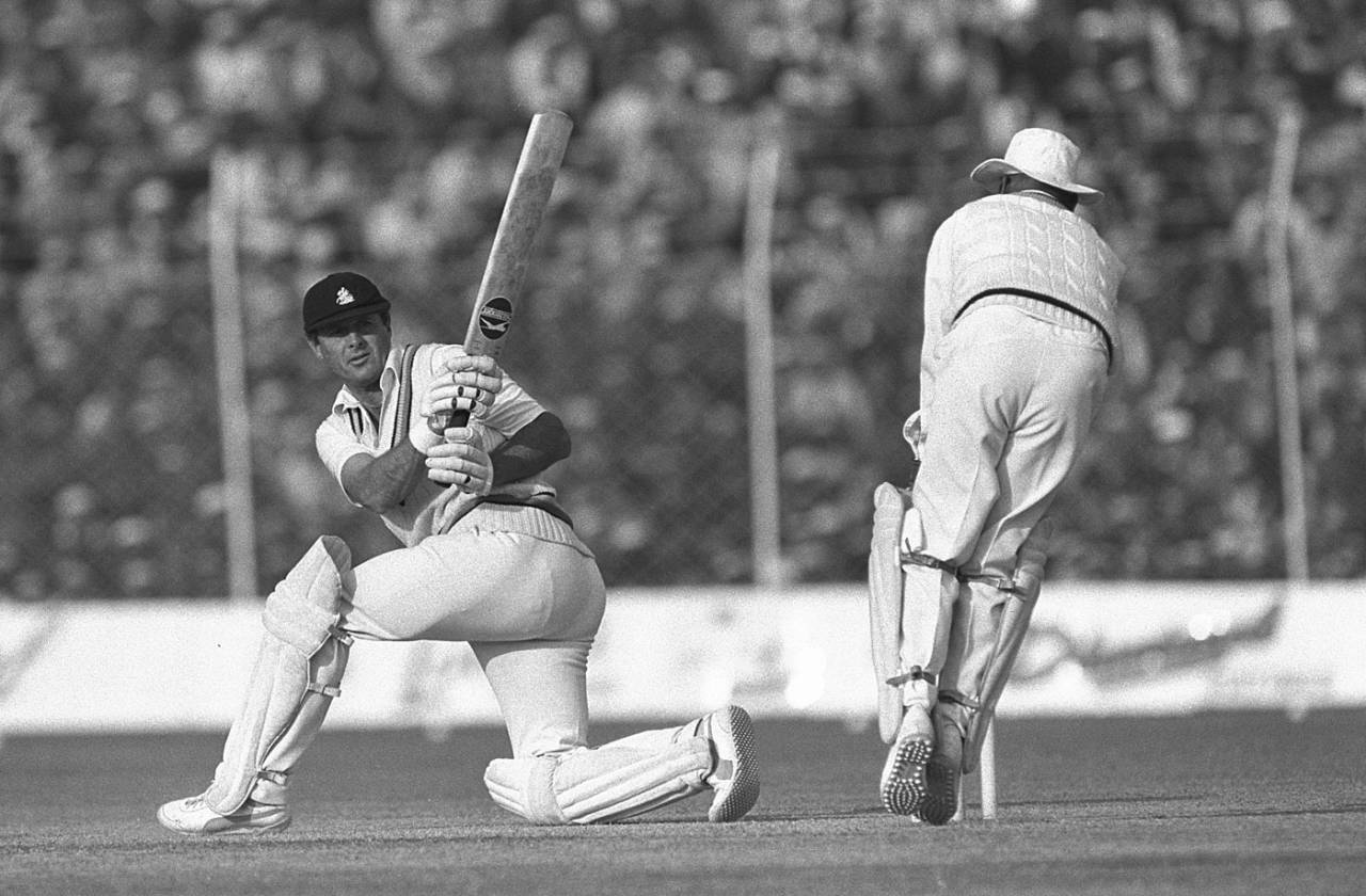 Geoff Boycott sweeps on his way to passing Garry Sobers' world record aggregate of Test runs, India v England, 3rd Test, Delhi, December 23, 1981