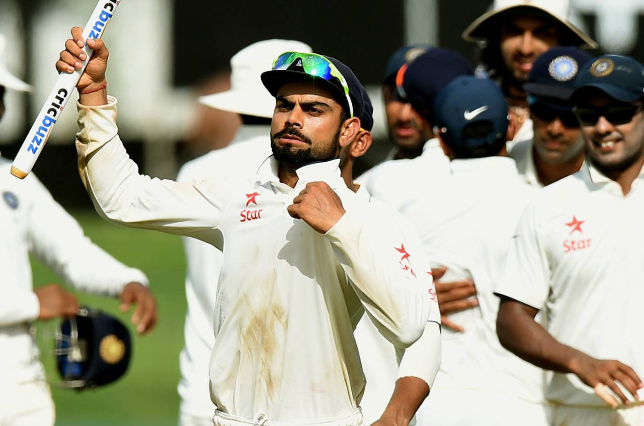Virat Kohli celebrates the series win, Sri Lanka v India, 3rd Test, SSC, Colombo, 5th day, September 1, 2015