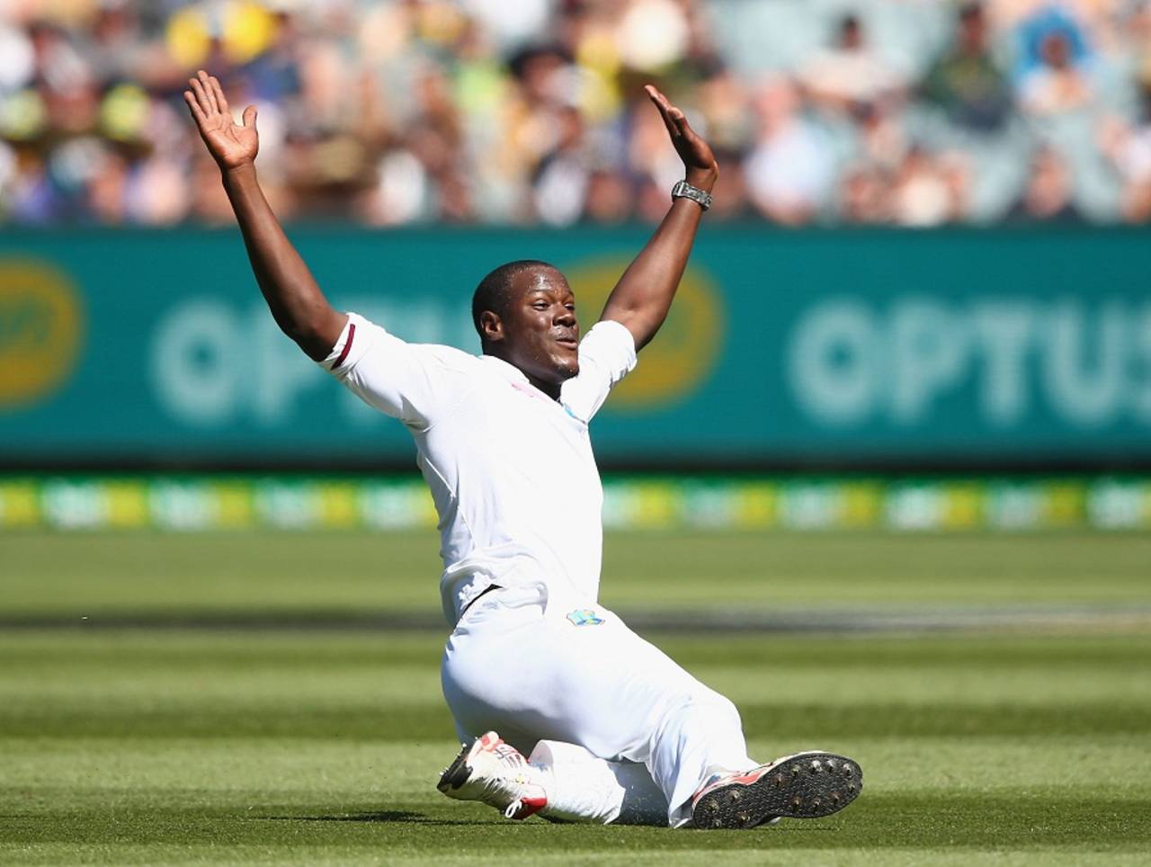 Carlos Brathwaite celebrates his first Test wicket, Australia v West Indies, 2nd Test, Melbourne, 3rd day, December 28, 2015