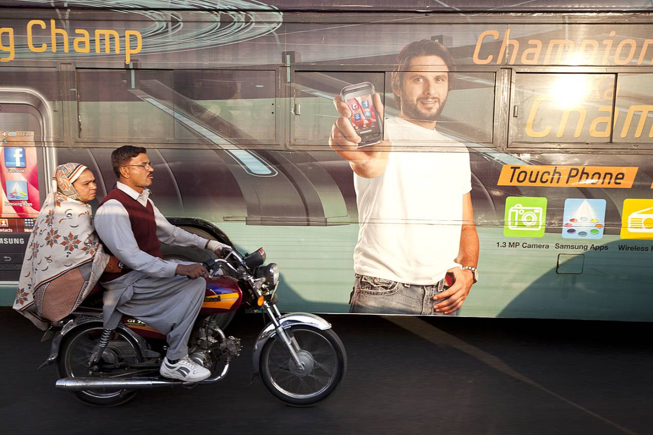 An advertisement hoarding of Shahid Afridi endorsing a smartphone, Lahore, December 13, 2010