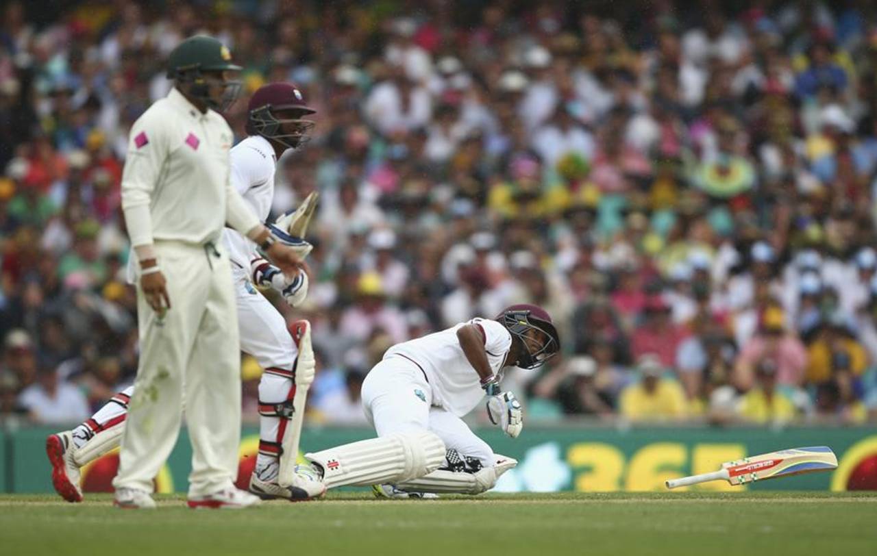 Kraigg Brathwaite slips over shortly before Marlon Samuels is run out, Australia v West Indies, 3rd Test, Sydney, 1st day, January 3, 2016