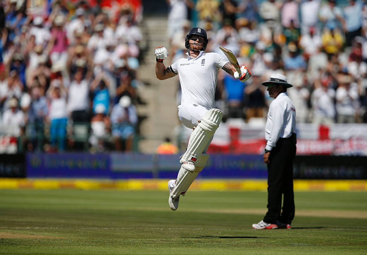 Ben Stokes jumps for joy on completing his hundred, South Africa v England, 2nd Test, Cape Town, 2nd day, January 3, 2016