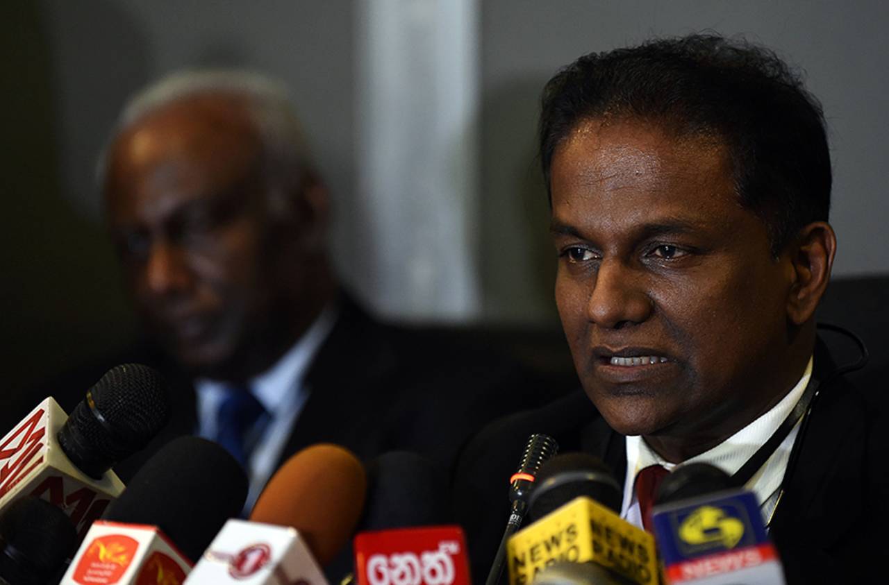 Thilanga Sumathipala speaks to the media after his election as SLC president, Colombo, January 3, 2016