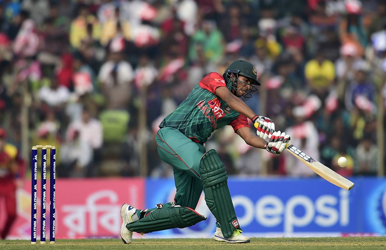 Soumya Sarkar reaches out to play the ball through off side, Bangladesh v Zimbabwe, 2nd T20I, Khulna, January 17, 2016