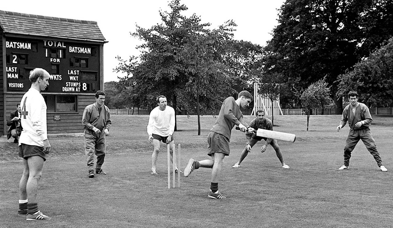 England's footballers play some cricket. From left: Bobby Charlton, Terry Paine, Nobby Stiles, Alan Ball (batting), Gerry Byrne and Peter Bonetti, Roehampton, London, July 15, 1966