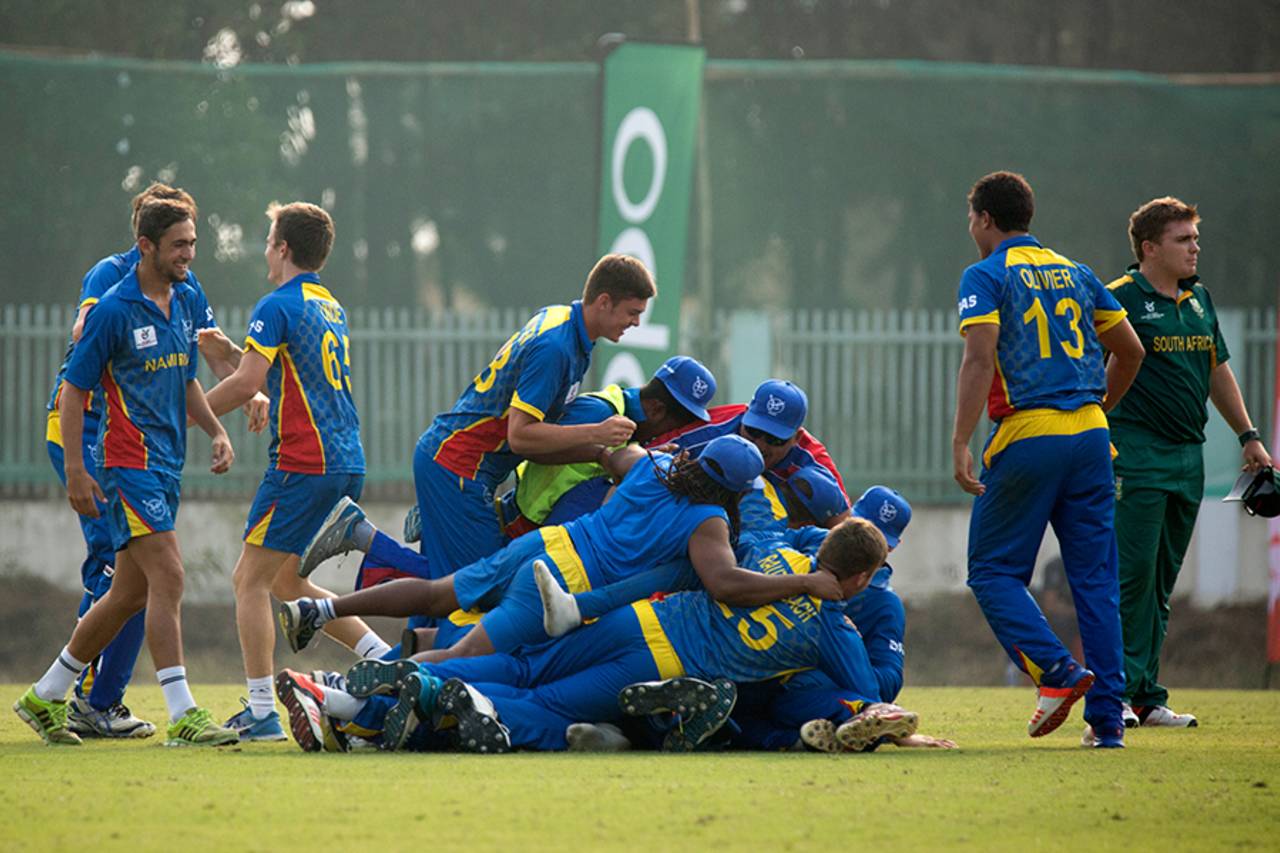 Namibia Under-19s celebrate their two-wicket win over South Africa Under-19s which sealed their quarter-final spot, Namibia v South Africa, Under-19 World Cup 2016, Cox's Bazar, January 31, 2016