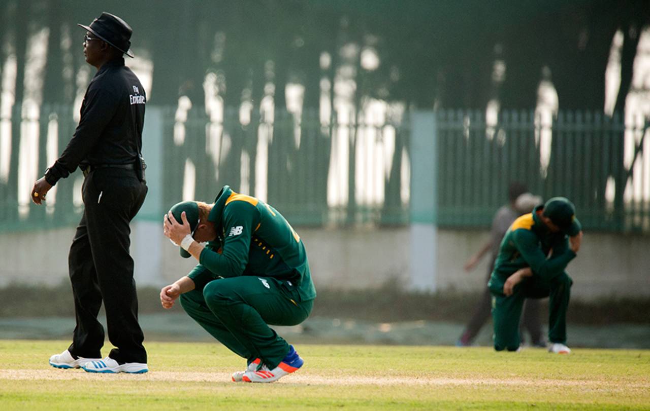The South African Under-19s team is dejected after their loss to Namibia Under-19s, Namibia v South Africa, Under-19 World Cup 2016, Cox's Bazar, January 31, 2016