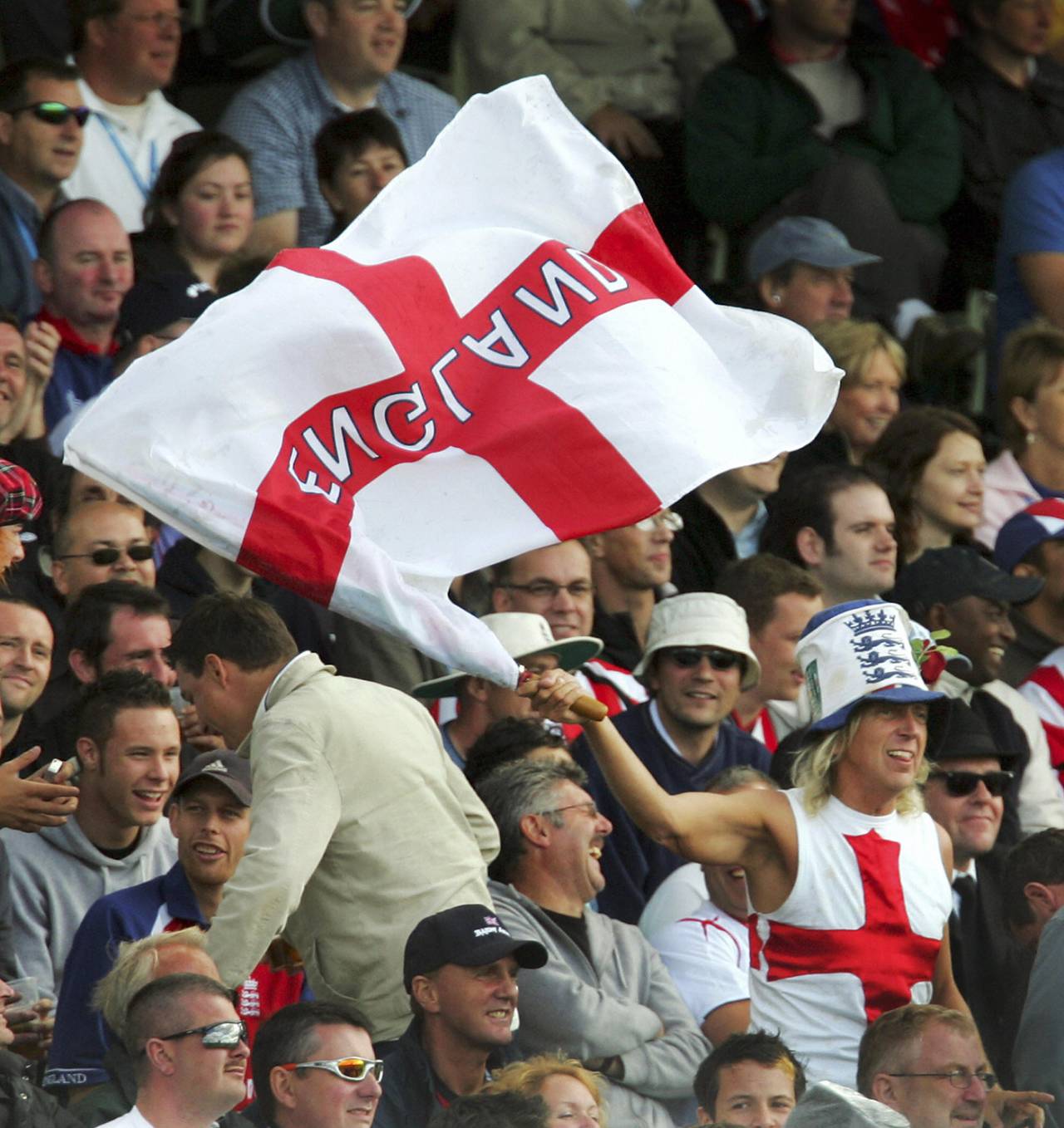 A fan flies the St George's flag in the stands, England v Australia, second Test, day two, Edgbaston, August 5, 2005