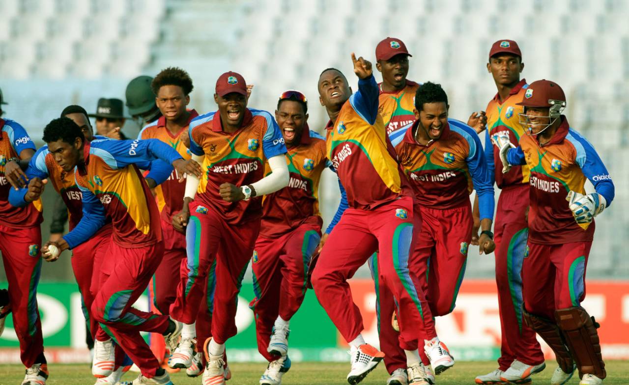 West Indies celebrate their controversial win over Zimbabwe, West Indies v Zimbabwe, Under-19 World Cup, Chittagong, February 2, 2016