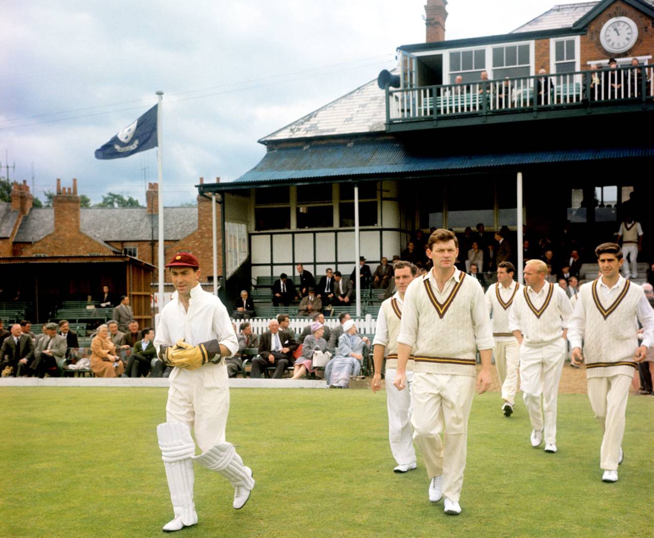 Northamptonshire captain and keeper Keith Andrew leads his team out, Sussex v Northamptonshire, County Championship, Horsham, 1st day, June 16, 1956
