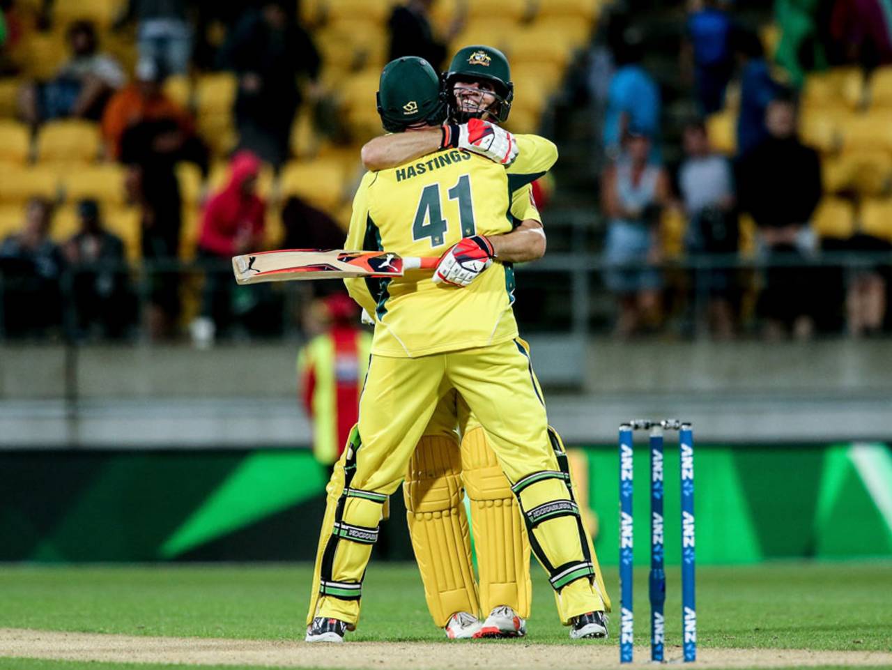 Mitchell Marsh and John Hastings embrace after Australia's win, New Zealand v Australia, 2nd ODI, Wellington, February 6, 2016