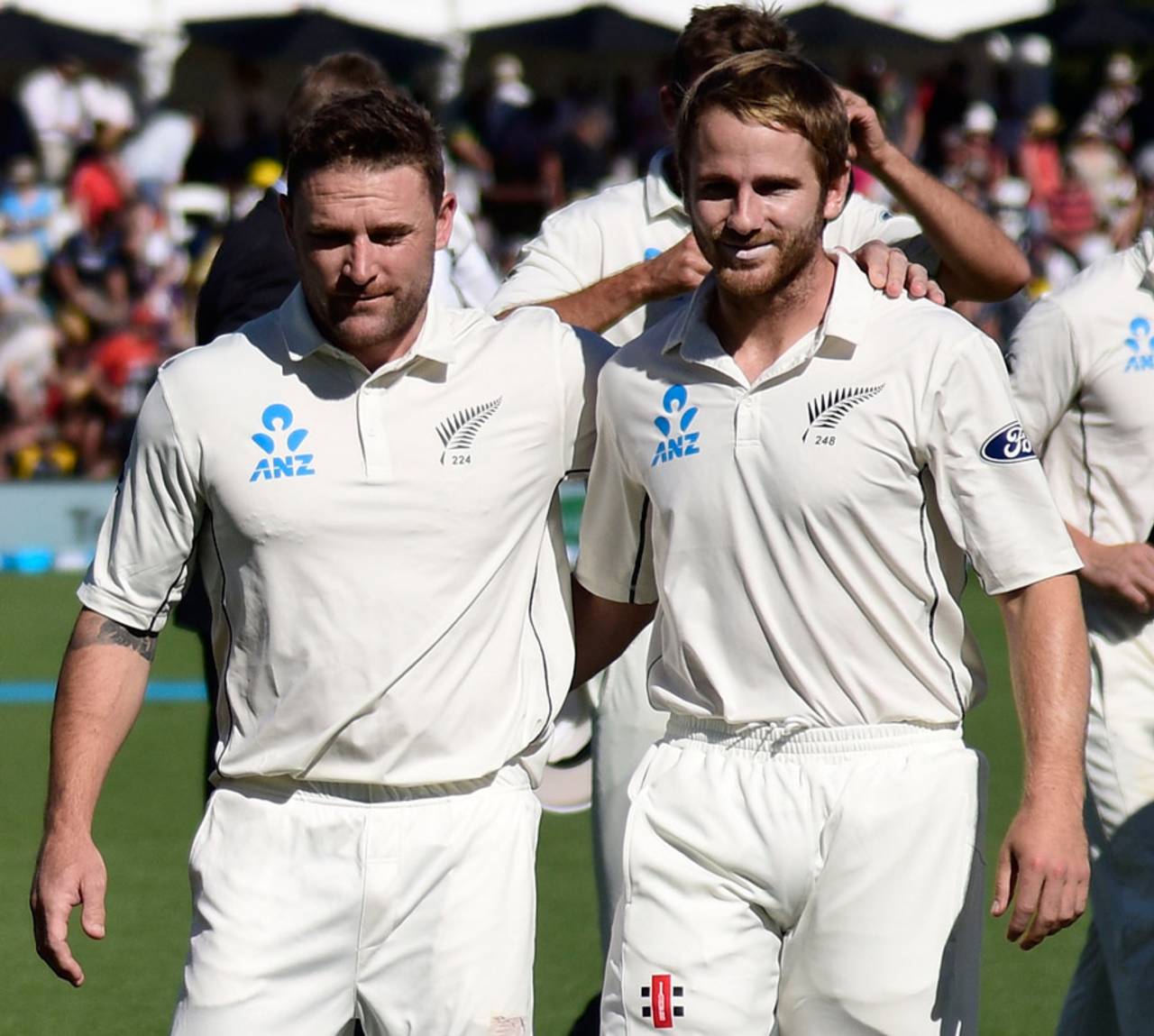 Brendon McCullum and Kane Williamson walk off after the national anthems, New Zealand v Australia, 2nd Test, Christchurch, 1st day, February 20, 2016