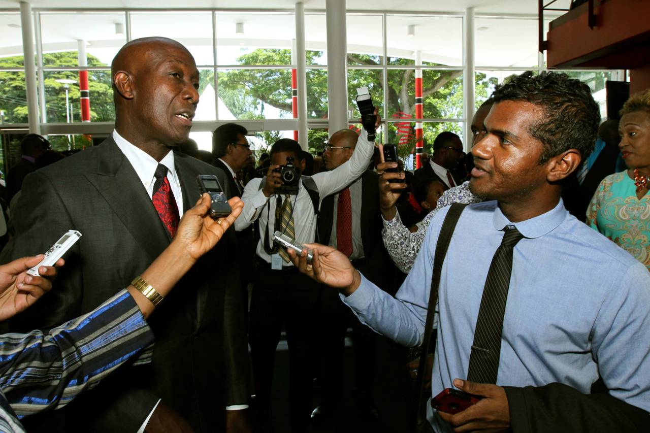 Trinidad and Tobago prime minister Keith Rowley talks to journalists after his swearing-in ceremony, Port-of-Spain, September 11, 2015