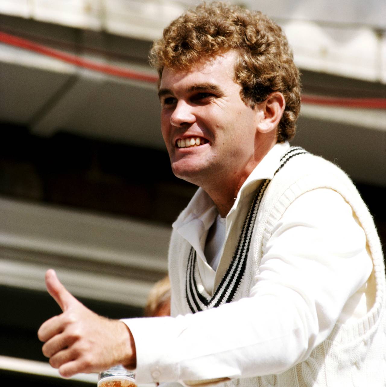 Martin Crowe celebrates their first Test win in England, England v New Zealand, 2nd Test, Leeds, August 1, 1983