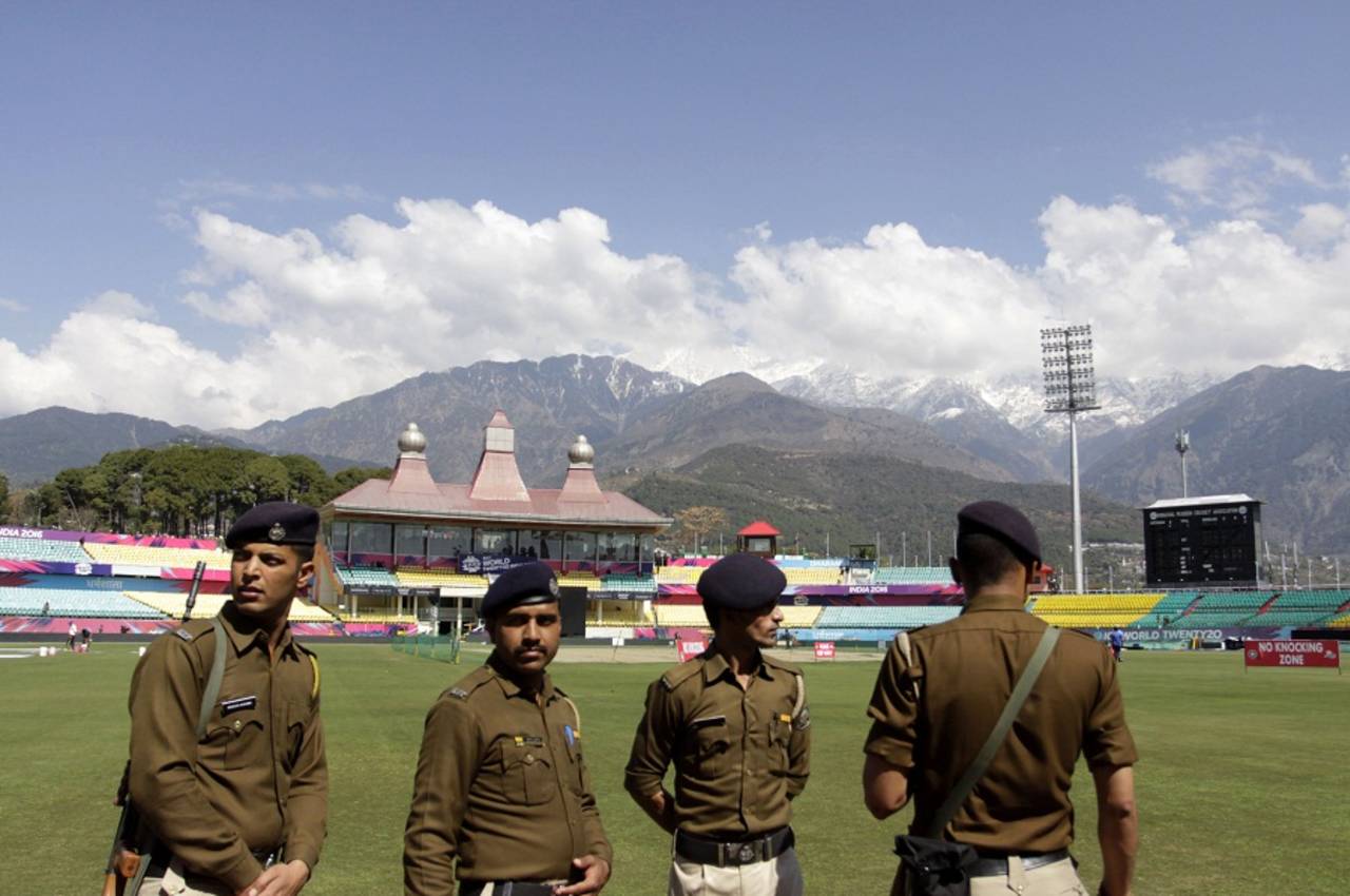 Security personnel inspect the ground ahead of the Bangladesh-Netherlands qualifier, Bangladesh v Netherlands, World T20 qualifier, Group A, Dharamsala, March 9, 2016