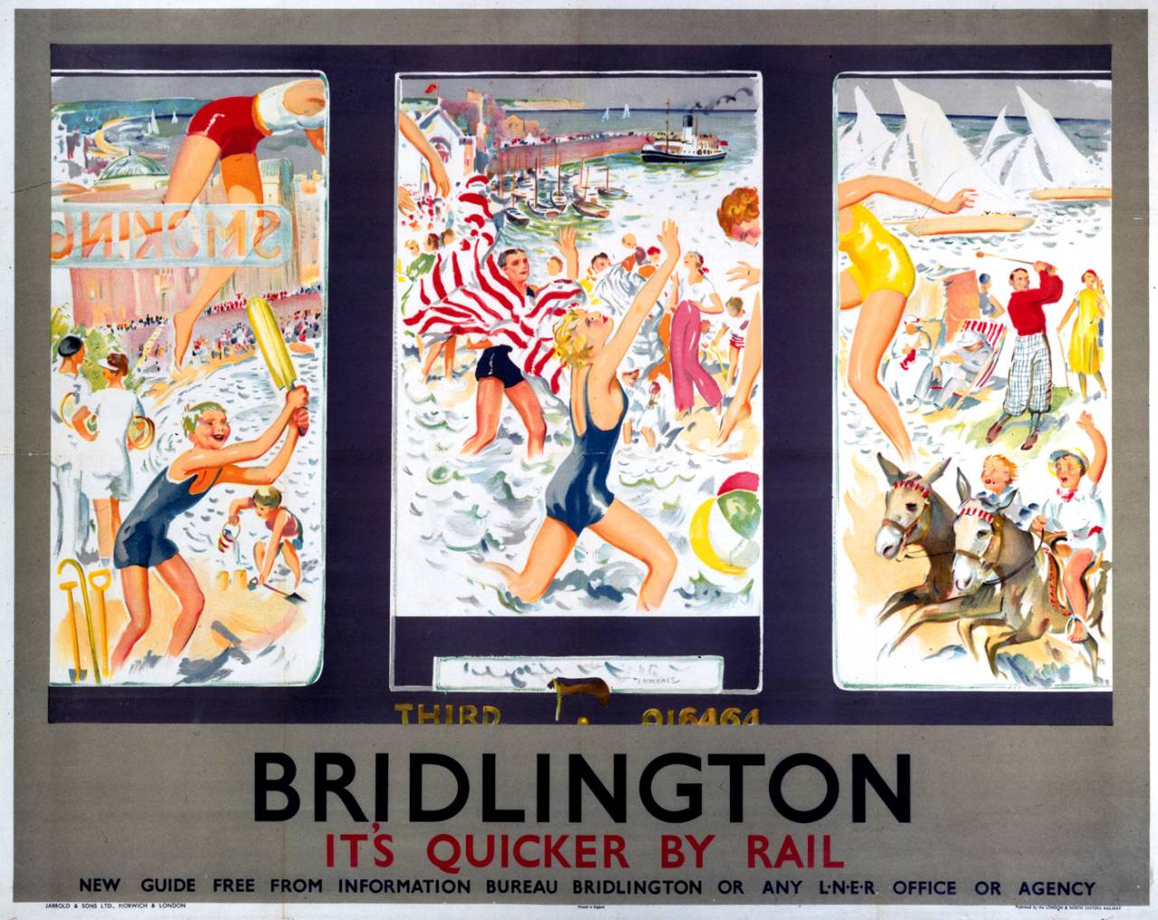 An advertisement poster by London & North Eastern Railway encourages rail travel to Bridlington, 1935