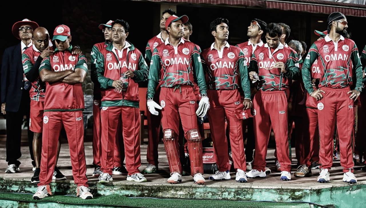 Oman players wait to take the field, Ireland v Oman, World T20 qualifier, Group A, Dharamsala, March 9, 2016