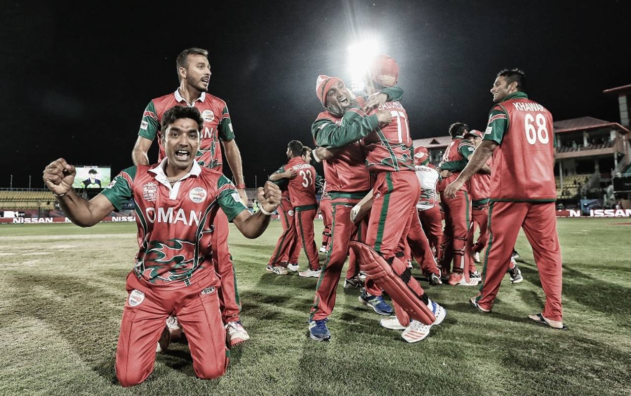 Oman players celebrate their win over Ireland, Ireland v Oman, World T20 qualifier, Group A, Dharamsala, March 9, 2016