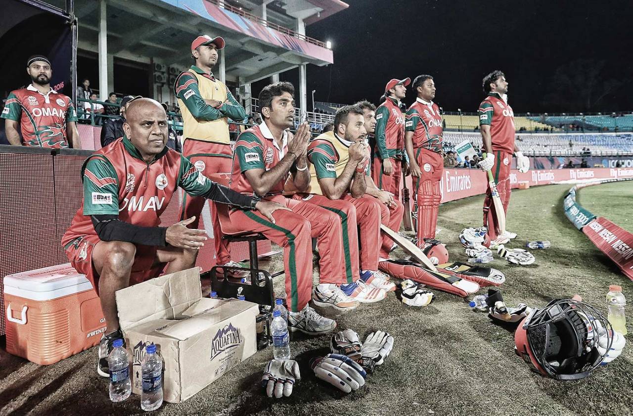 Oman team members look on from the dugout, Oman v Ireland, World T20, Dharamsala, March 9. 2016
