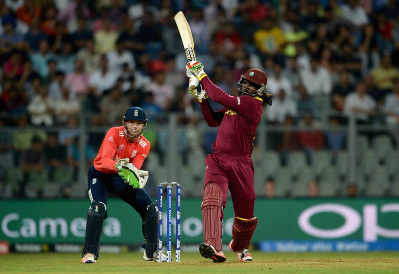 Chris Gayle muscles a shot through the on side, England v West Indies, World T20 2016, Group 1, Mumbai, March 16, 2016