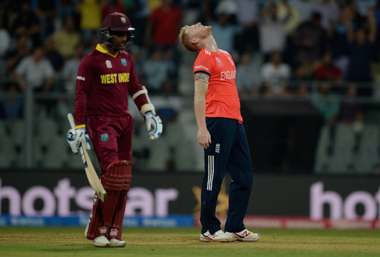 Ben Stokes is frustrated after conceding a six, England v West Indies, World T20 2016, Group 1, Mumbai, March 16, 2016