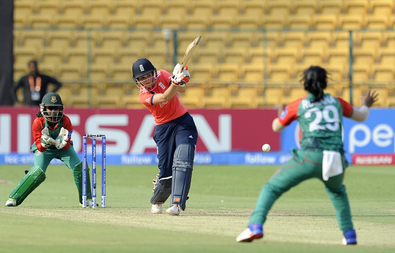 Charlotte Edwards drives down the ground, Bangladesh v England, Women's World T20 2016, Group B, Bangalore, March 17, 2016