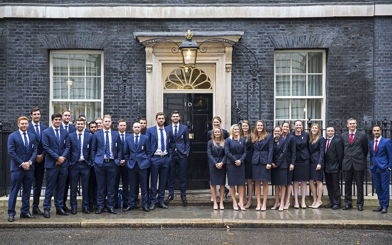 The England men's and women's teams pose outside 10 Downing Street, London, September 21, 2015