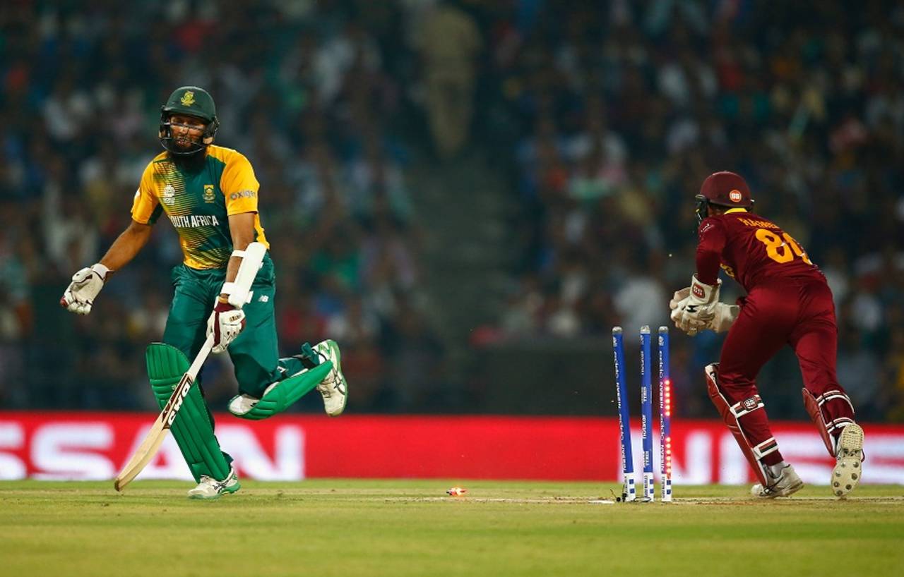 Hashim Amla was run out off the third ball of the innings after South Africa were inserted by West Indies in Nagpur&nbsp;&nbsp;&bull;&nbsp;&nbsp;IDI/Getty Images