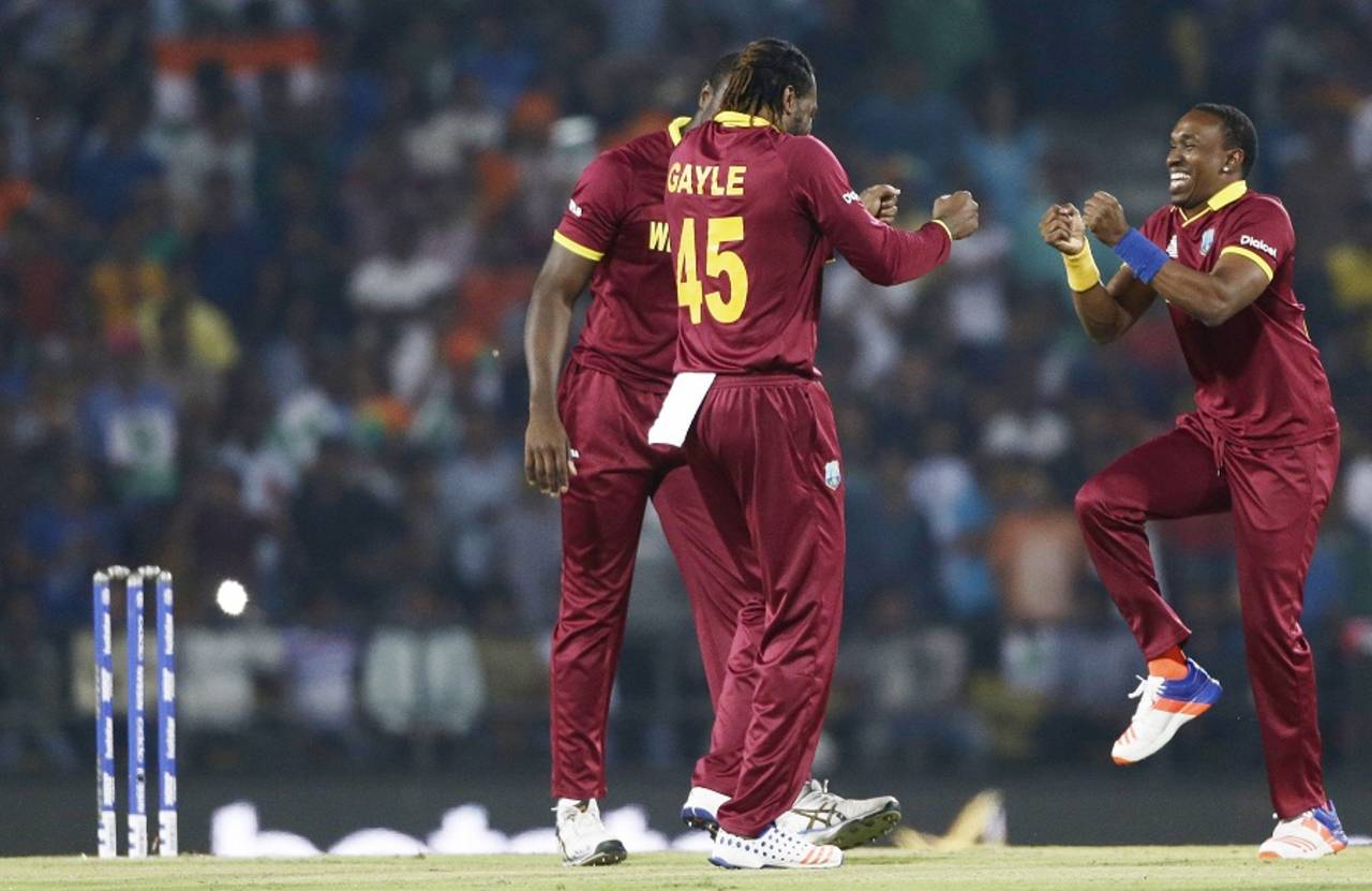 Chris Gayle and Dwayne Bravo indulge in a celebratory jig, South Africa v West Indies, World T20 2016, Group 1, Nagpur, March 25, 2016