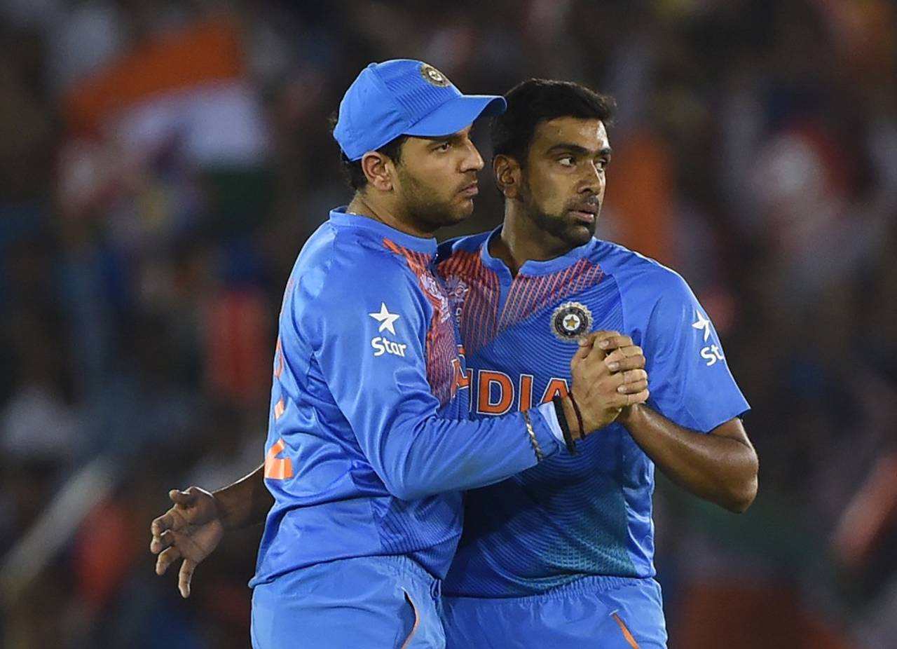 Yuvraj Singh and R Ashwin demonstrate the spinners' waltz, Australia v India, World T20 2016, Group 2, Mohali, March 27, 2016